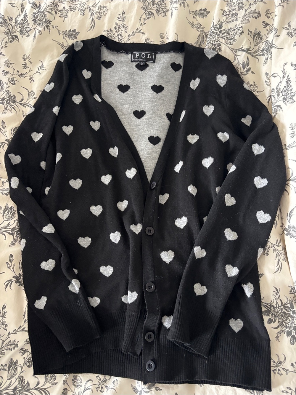 POL Black Cardigan Sweater with Silver Heart Pattern